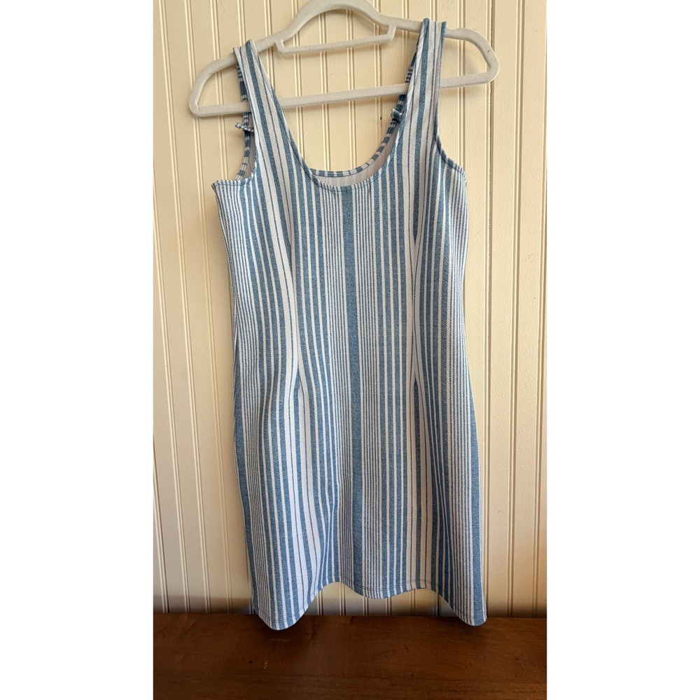 Coastal Blue White Striped Sleeveless Nautical Mini Shift Sun Dress Medium - Picture 3 of 8